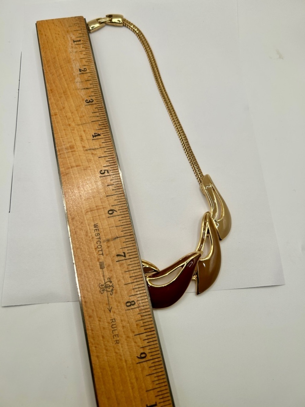 Vintage Gold Enamel Chain Necklace with Brown Tan Beige design - Picture 3 of 16